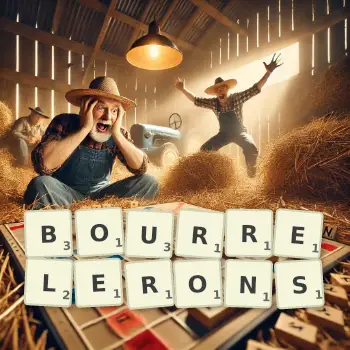 Illustration créative d'un jeu de lettres avec le mot BOURRELERONS épelé sur le plateau.