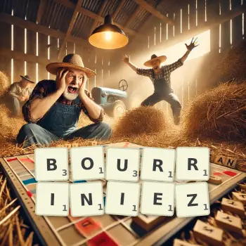 Illustration créative d'un jeu de lettres avec le mot BOURRINIEZ épelé sur le plateau.