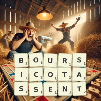 Illustration créative d'un jeu de lettres avec le mot BOURSICOTASSENT épelé sur le plateau.