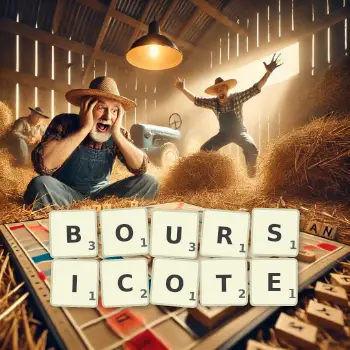 Illustration créative d'un jeu de lettres avec le mot BOURSICOTE épelé sur le plateau.