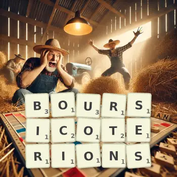 Illustration créative d'un jeu de lettres avec le mot BOURSICOTERIONS épelé sur le plateau.