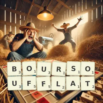 Illustration créative d'un jeu de lettres avec le mot BOURSOUFFLAT épelé sur le plateau.