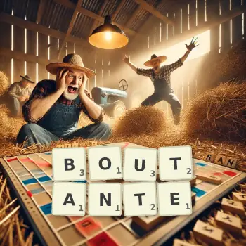 Illustration créative d'un jeu de lettres avec le mot BOUTANTE épelé sur le plateau.