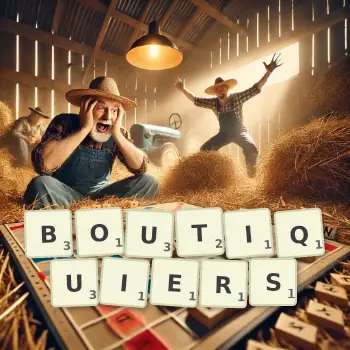 Illustration créative d'un jeu de lettres avec le mot BOUTIQUIERS épelé sur le plateau.