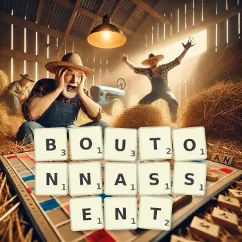 Illustration créative d'un jeu de lettres avec le mot BOUTONNASSENT épelé sur le plateau.
