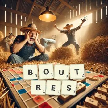 Illustration créative d'un jeu de lettres avec le mot BOUTRES épelé sur le plateau.