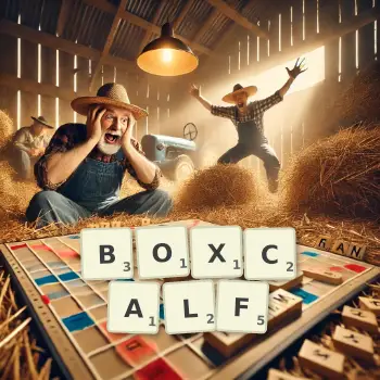 Illustration créative d'un jeu de lettres avec le mot BOXCALF épelé sur le plateau.