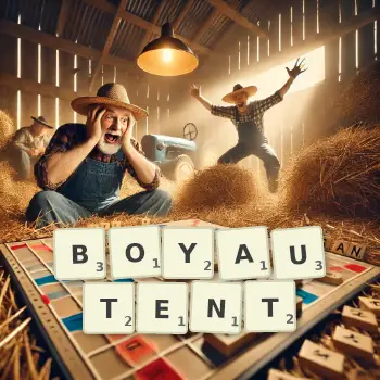 Illustration créative d'un jeu de lettres avec le mot BOYAUTENT épelé sur le plateau.