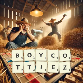 Illustration créative d'un jeu de lettres avec le mot BOYCOTTIEZ épelé sur le plateau.