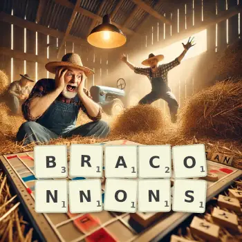 Illustration créative d'un jeu de lettres avec le mot BRACONNONS épelé sur le plateau.