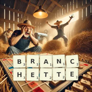 Illustration créative d'un jeu de lettres avec le mot BRANCHETTE épelé sur le plateau.