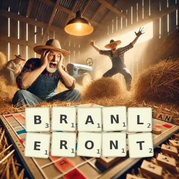 Illustration créative d'un jeu de lettres avec le mot BRANLERONT épelé sur le plateau.