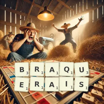 Illustration créative d'un jeu de lettres avec le mot BRAQUERAIS épelé sur le plateau.