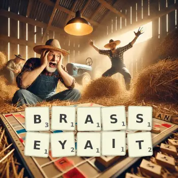 Illustration créative d'un jeu de lettres avec le mot BRASSEYAIT épelé sur le plateau.