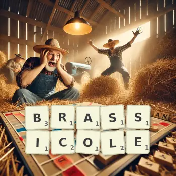 Illustration créative d'un jeu de lettres avec le mot BRASSICOLE épelé sur le plateau.
