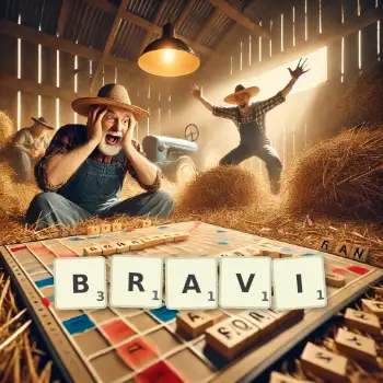 Illustration créative d'un jeu de lettres avec le mot BRAVI épelé sur le plateau.