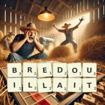 Illustration créative d'un jeu de lettres avec le mot BREDOUILLAIT épelé sur le plateau.