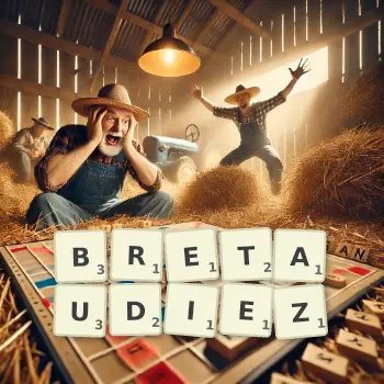 Illustration créative d'un jeu de lettres avec le mot BRETAUDIEZ épelé sur le plateau.
