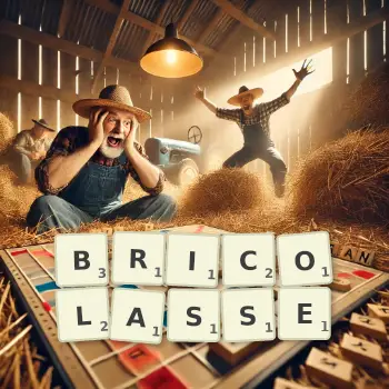 Illustration créative d'un jeu de lettres avec le mot BRICOLASSE épelé sur le plateau.