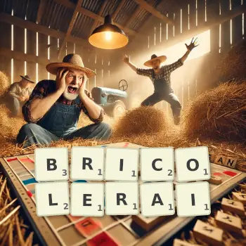 Illustration créative d'un jeu de lettres avec le mot BRICOLERAI épelé sur le plateau.