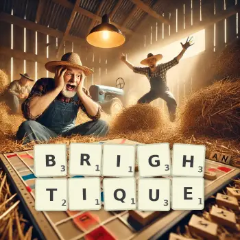 Illustration créative d'un jeu de lettres avec le mot BRIGHTIQUE épelé sur le plateau.