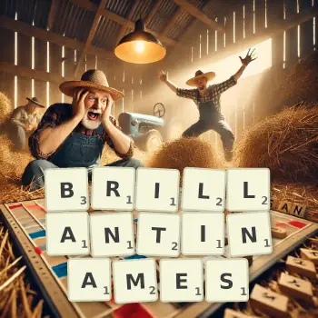Illustration créative d'un jeu de lettres avec le mot BRILLANTINAMES épelé sur le plateau.