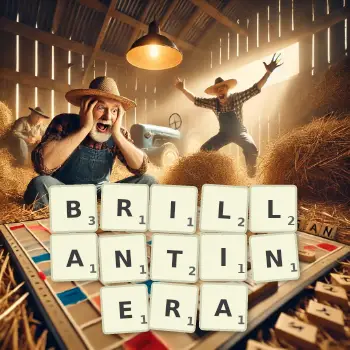 Illustration créative d'un jeu de lettres avec le mot BRILLANTINERA épelé sur le plateau.