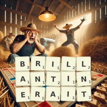 Illustration créative d'un jeu de lettres avec le mot BRILLANTINERAIT épelé sur le plateau.