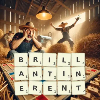 Illustration créative d'un jeu de lettres avec le mot BRILLANTINERENT épelé sur le plateau.
