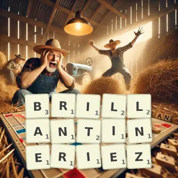 Illustration créative d'un jeu de lettres avec le mot BRILLANTINERIEZ épelé sur le plateau.