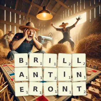 Illustration créative d'un jeu de lettres avec le mot BRILLANTINERONT épelé sur le plateau.