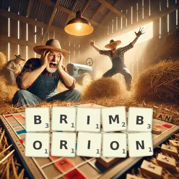 Illustration créative d'un jeu de lettres avec le mot BRIMBORION épelé sur le plateau.