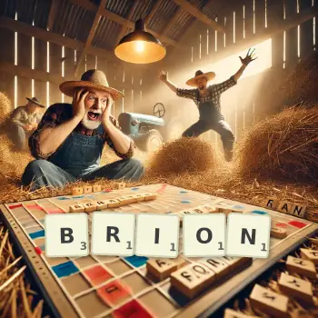 Illustration créative d'un jeu de lettres avec le mot BRION épelé sur le plateau.