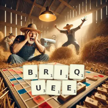 Illustration créative d'un jeu de lettres avec le mot BRIQUEE épelé sur le plateau.