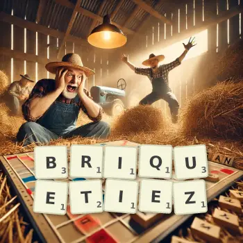 Illustration créative d'un jeu de lettres avec le mot BRIQUETIEZ épelé sur le plateau.