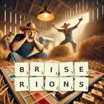 Illustration créative d'un jeu de lettres avec le mot BRISERIONS épelé sur le plateau.