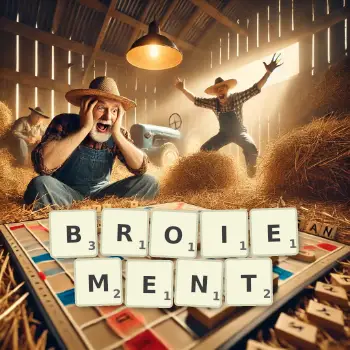 Illustration créative d'un jeu de lettres avec le mot BROIEMENT épelé sur le plateau.