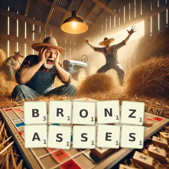 Illustration créative d'un jeu de lettres avec le mot BRONZASSES épelé sur le plateau.