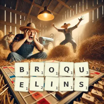 Illustration créative d'un jeu de lettres avec le mot BROQUELINS épelé sur le plateau.