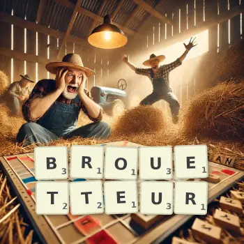 Illustration créative d'un jeu de lettres avec le mot BROUETTEUR épelé sur le plateau.