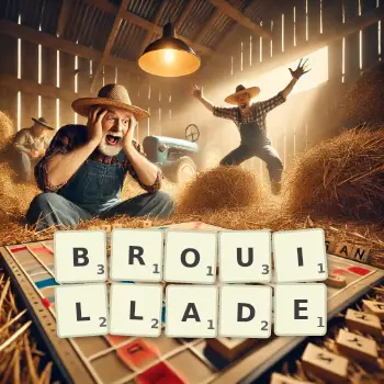 Illustration créative d'un jeu de lettres avec le mot BROUILLADE épelé sur le plateau.