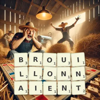 Illustration créative d'un jeu de lettres avec le mot BROUILLONNAIENT épelé sur le plateau.