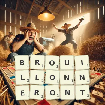 Illustration créative d'un jeu de lettres avec le mot BROUILLONNERONT épelé sur le plateau.