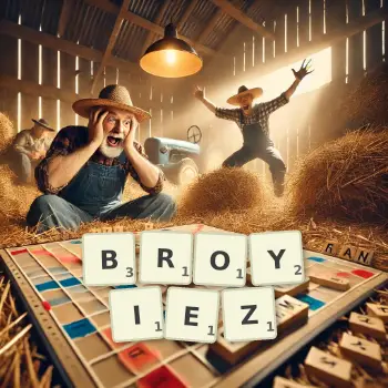 Illustration créative d'un jeu de lettres avec le mot BROYIEZ épelé sur le plateau.