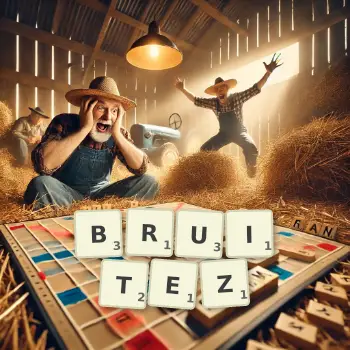 Illustration créative d'un jeu de lettres avec le mot BRUITEZ épelé sur le plateau.