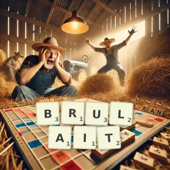 Illustration créative d'un jeu de lettres avec le mot BRULAIT épelé sur le plateau.