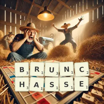 Illustration créative d'un jeu de lettres avec le mot BRUNCHASSE épelé sur le plateau.