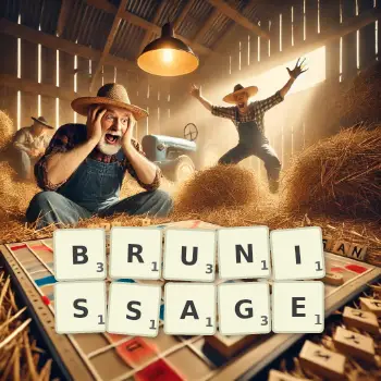 Illustration créative d'un jeu de lettres avec le mot BRUNISSAGE épelé sur le plateau.