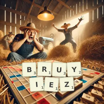 Illustration créative d'un jeu de lettres avec le mot BRUYIEZ épelé sur le plateau.