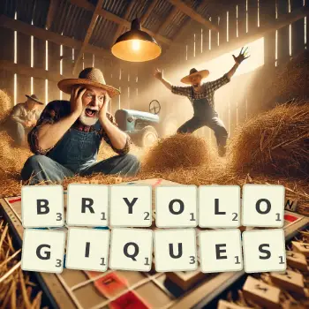 Illustration créative d'un jeu de lettres avec le mot BRYOLOGIQUES épelé sur le plateau.